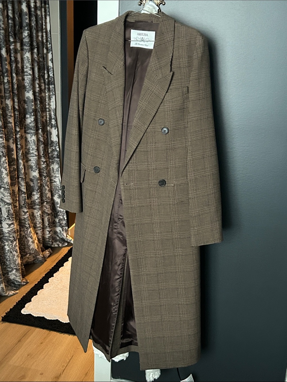 Aritzia Constan Coat in Tyson Check Double-Breasted Long Trench Coat in Brown